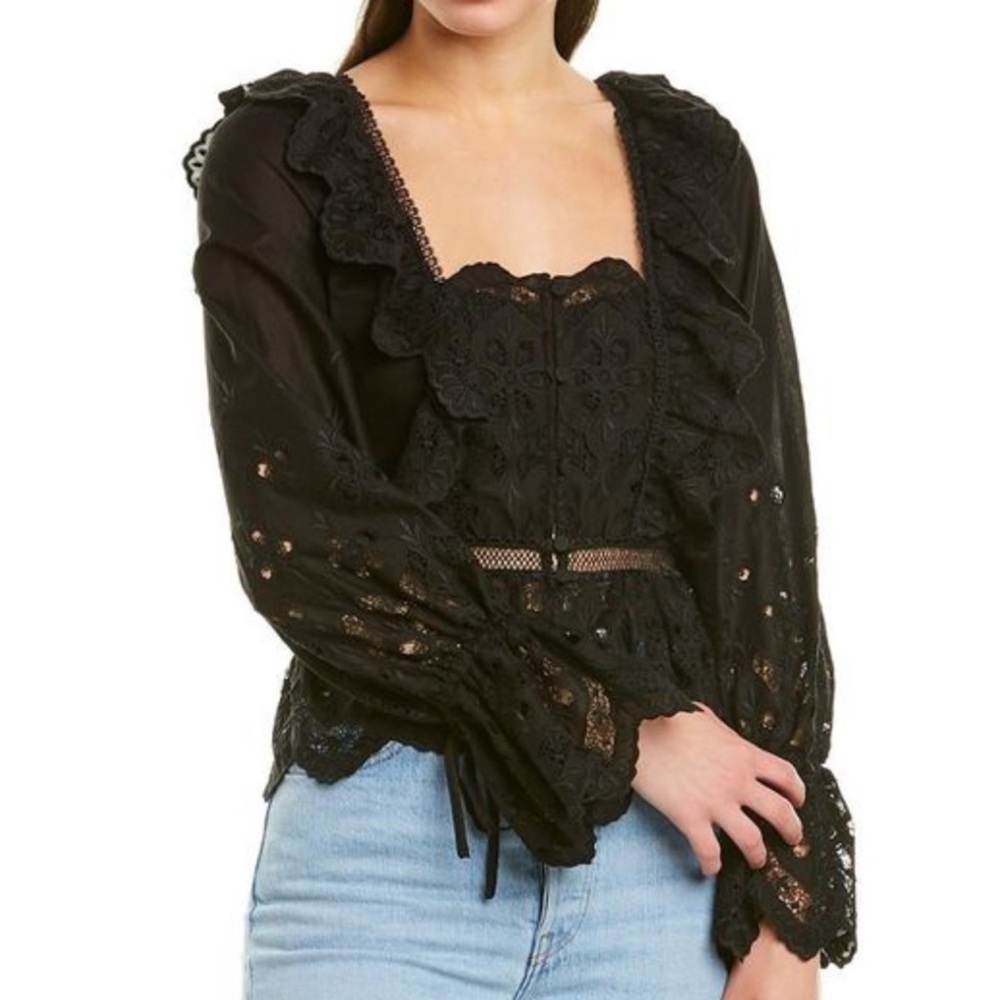 Nwt Self Portrait Black Lace Embroidered Square Neck Blouse Size 2